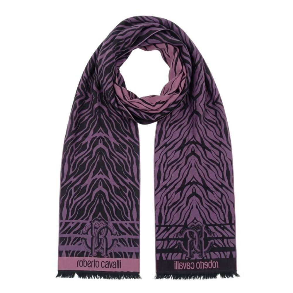 Roberto Cavalli ESZ057 03000 Purple Wool Blend Tiger Print Mens Scarf